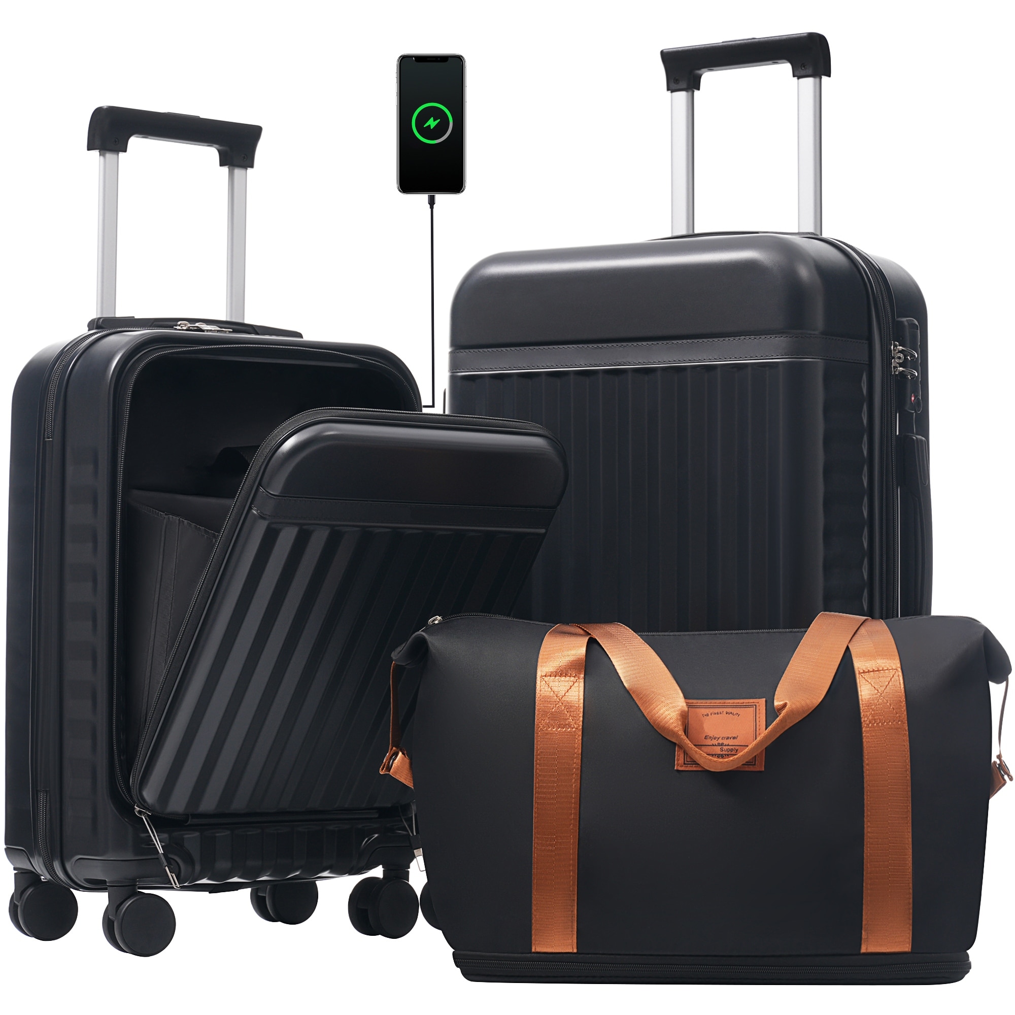 3pc Front-Open Hardside Luggage Set, Carry-On w/USB Port, Expandable w/Spinner Wheels, TSA Lock, Handle Bag
