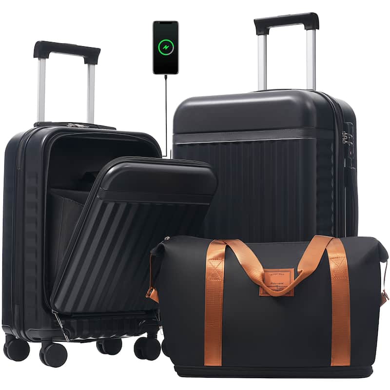 Front Opening Luggage Set 3 Piece,USB Port, Expandable Luggage with Handle Bag Spinner Wheels TSA Lock - Black