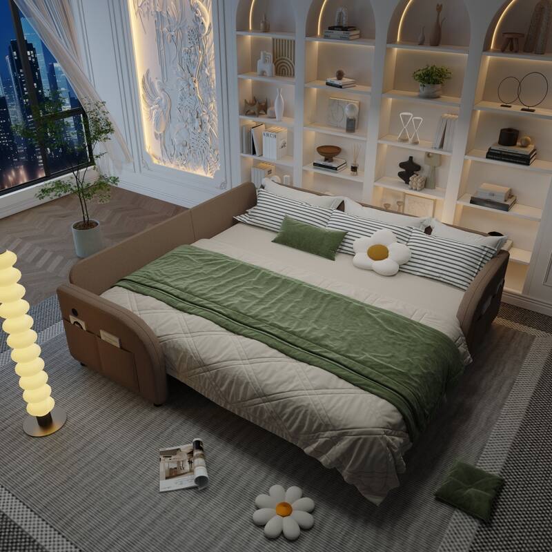 85.1" Teddy Upholstered Sofa with Pull-Out Bed and USB Port