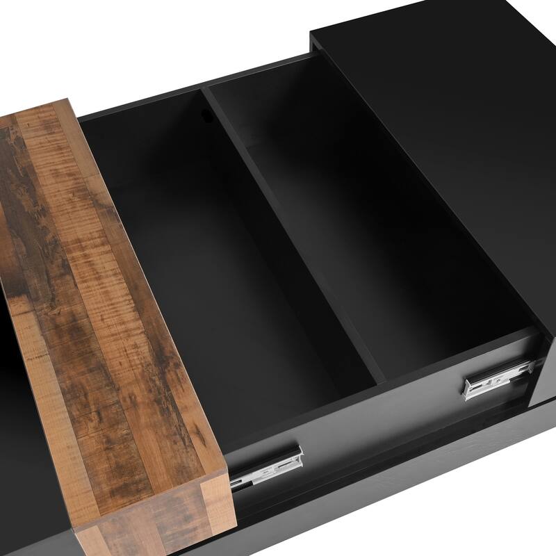 Roomfitters Modern Square Coffee Table with Sliding Top, High Gloss Center Table with Hidden Storage for Living Room, Black