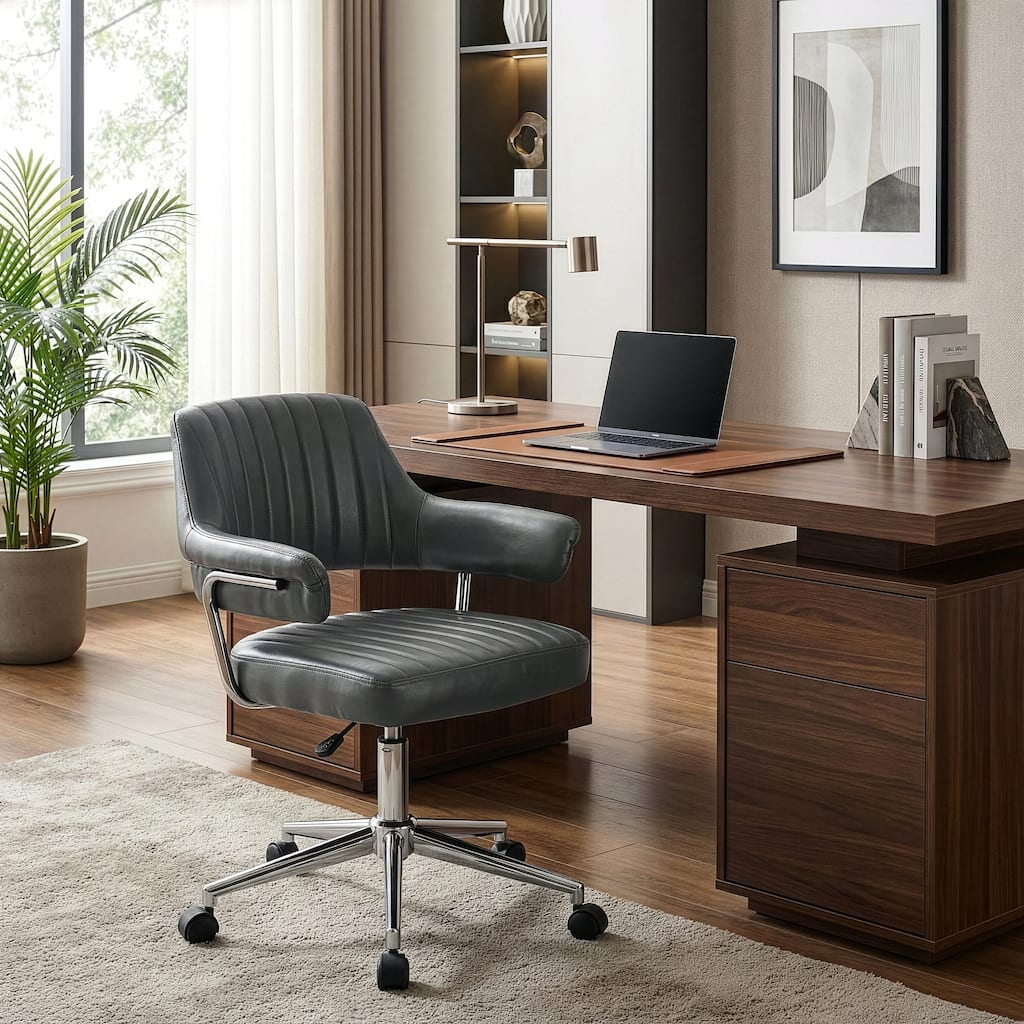 Avery Grey Faux Leather Adjustable Height Swivel Office Chair w/ Arms