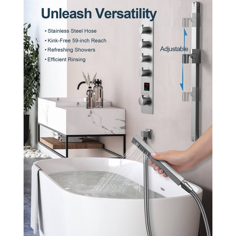 GRANDJOY Luxury LED 16" Ceiling Mount Shower Head Temperature Display Shower System with 6 Body Jets