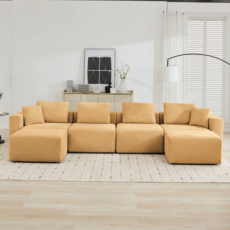 Corduroy Sectional Modular Sofa with Square Arms & Ottoman Extension for Flexible Arrangements