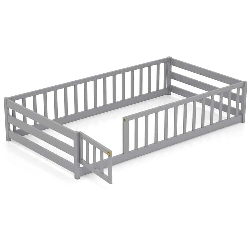 Costway Twin Size Floor Bed with Door & Fence with Safety Guardrails &