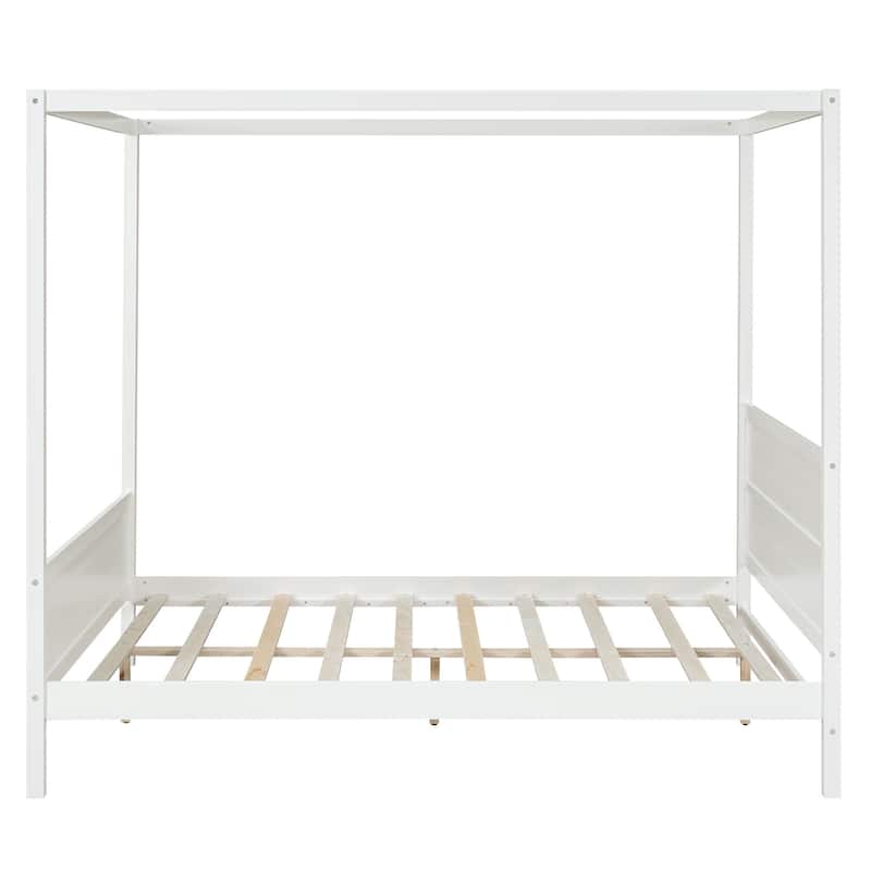 HomeRoots White Inlaid Panels Wood Queen Canopy Bed
