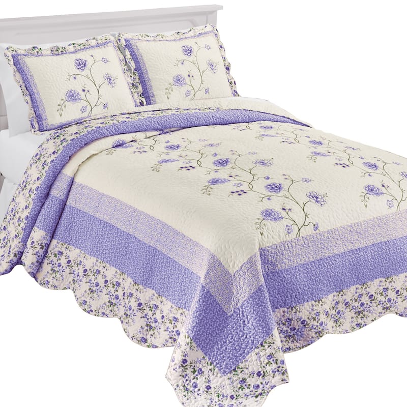 Floral Embroidered Scalloped Edge Quilted Bedspread