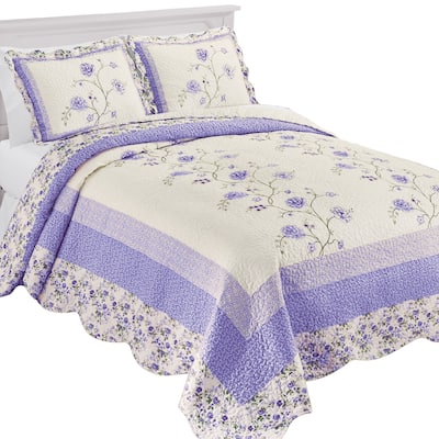 Floral Embroidered Scalloped Edge Quilted Bedspread