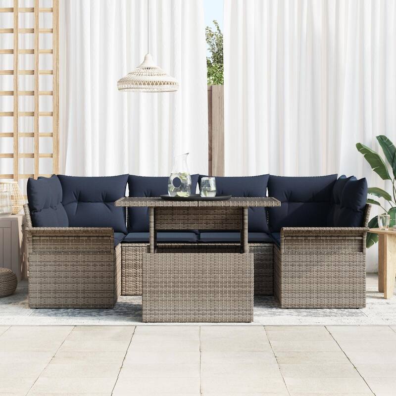 vidaXL 7 Garden Sofa Set with Cushions Black/Brown/Grey Poly Rattan - 92.1 x 52.2 x 27.2
