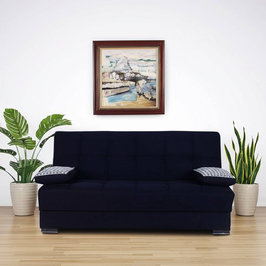 HomeRoots 75" Black Chenille Convertible Futon Sleeper Sofa And Toss Pillows With Storage