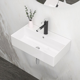 White Ceramic Rectangular Wall Mounted Bathroom Sink with Faucet Hole and Overflow