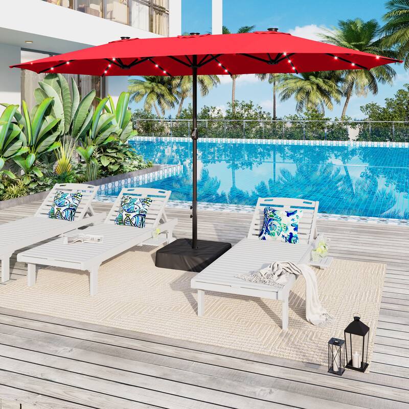 15-foot Rectangular Crank Double-sided Outdoor Market Umbrella Solar LED Lighted Patio Umbrella with Base Included