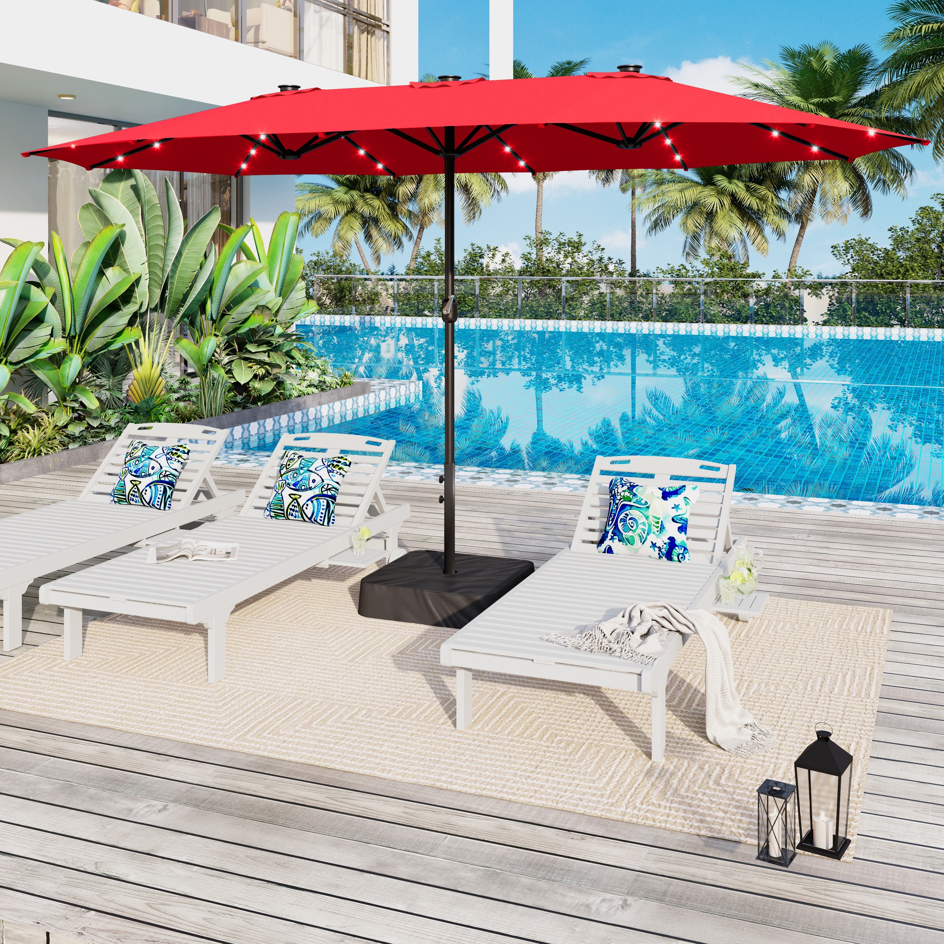 15 twin patio umbrella double sided outdoor market umbrella ft Double-Sided with 48 Solar LED Lights and Base Orange with plastic base and steel cross base 15 ft. Double Sided Market