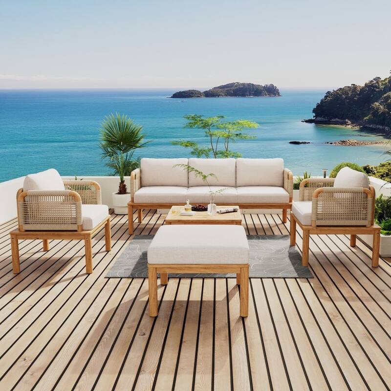 Modern Outdoor 5-piece Acacia Wood and Rope Sofa Set