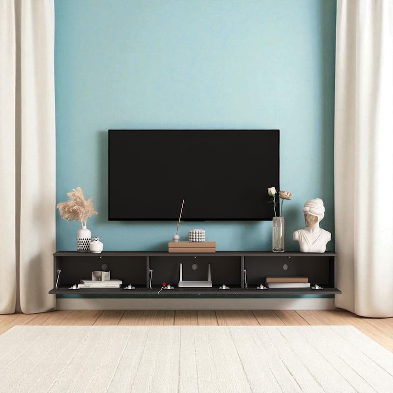 69 Inch Floating TV Stand with 16 Color LED Lights, Wall Mounted Entertainment Center for 55 60 65 Inch TVs