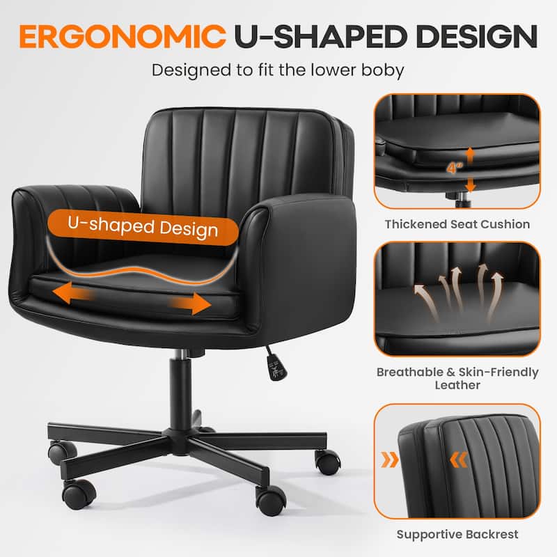 BOSSIN Criss Cross Office Chair with Arms and Wheels - Adjustable Swivel PU Leather Desk Chair for Makeup Vanity, Bedroom