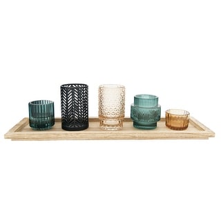 Embossed Glass and Metal Tealight Candle Holders in a Wood Tray