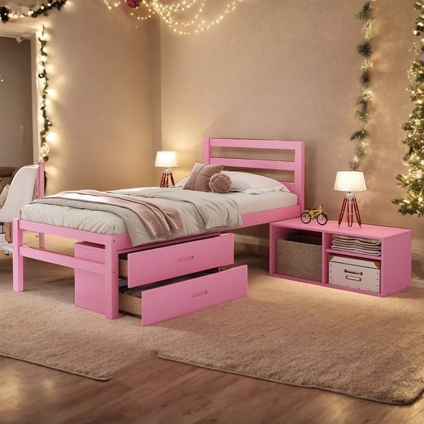 slide 2 of 15, Modern Twin Size Wood Platform Bed with Storage Shelves and 2 Under-bed Storage Drawers for Added Convenience,Pink Pink