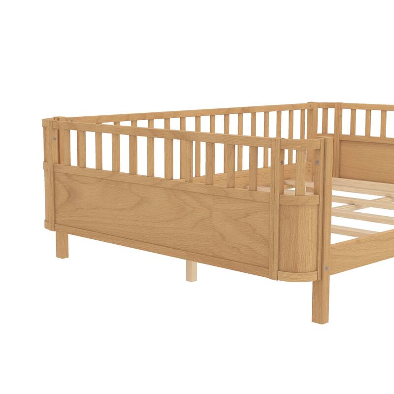Multi Size Low Platform Bed for Kids with Rounded Corners Guardrails, Detachable Right-side Fence and Open Left-side Design