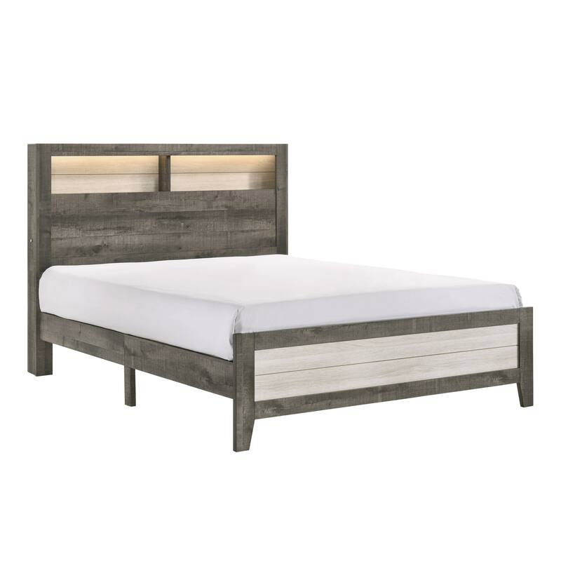 Queen Size Wood Storage Bed with LED Headboard and Open Shelves - Beige,Gray