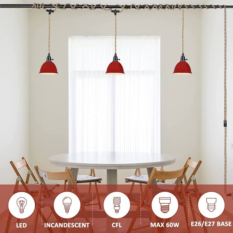 3-Light Pendant Light with Plug in Cord - 29FT Industrial Hanging Lamp with Twisted Hemp Rope Independent Switch