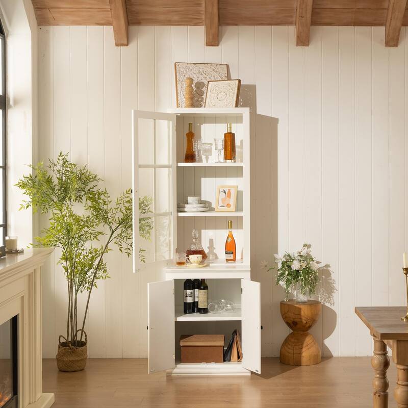 75.25'' Tall Farmhouse Pantry Cabinet with Glass Door & Lattice Window, Freestanding Hutch with Adjustable Shelves