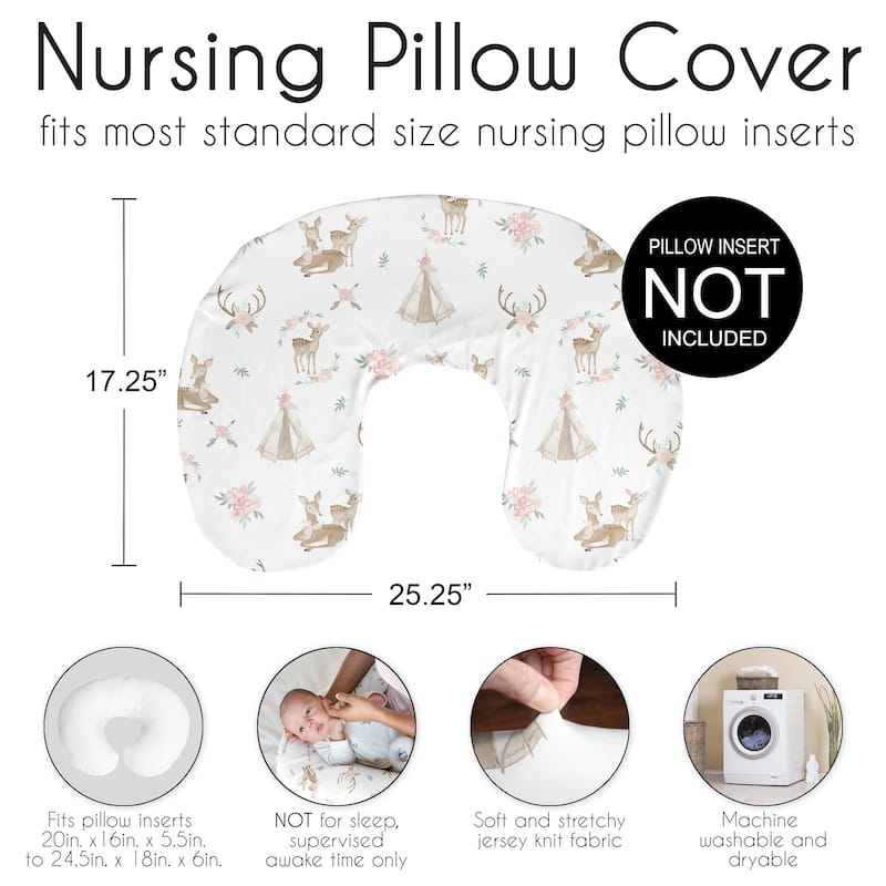 Sweet Jojo Designs Woodland Deer Floral Nursing Breastfeeding Pillow Cover Case (Pillow Not Included) Pink Green Boho Watercolor