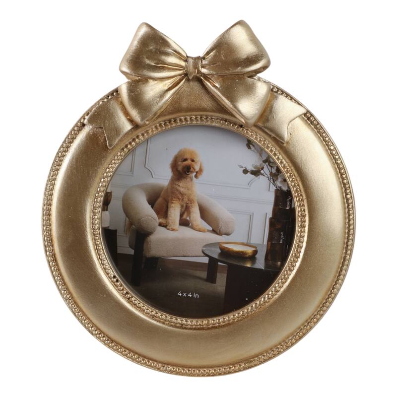Gold 4x4 in. Polyresin Glam Round Photo Frame with Bow