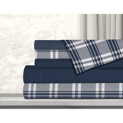 Antibacterial Printed Solid 6 Piece Double Navy Sheet Set