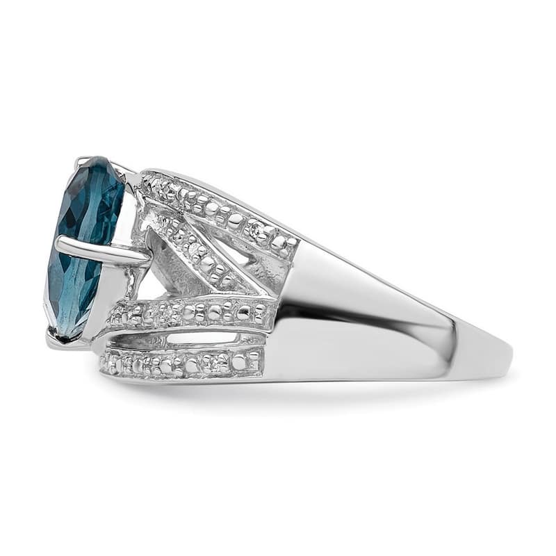 Curata 925 Sterling Silver Polished Open back Rhodium Plated Diamond and London Blue Topaz Ring