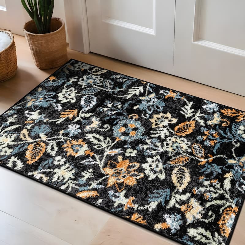 Beige Multi Vine Floral Stylish and Durable Area Rug - Black - 2' x 3'