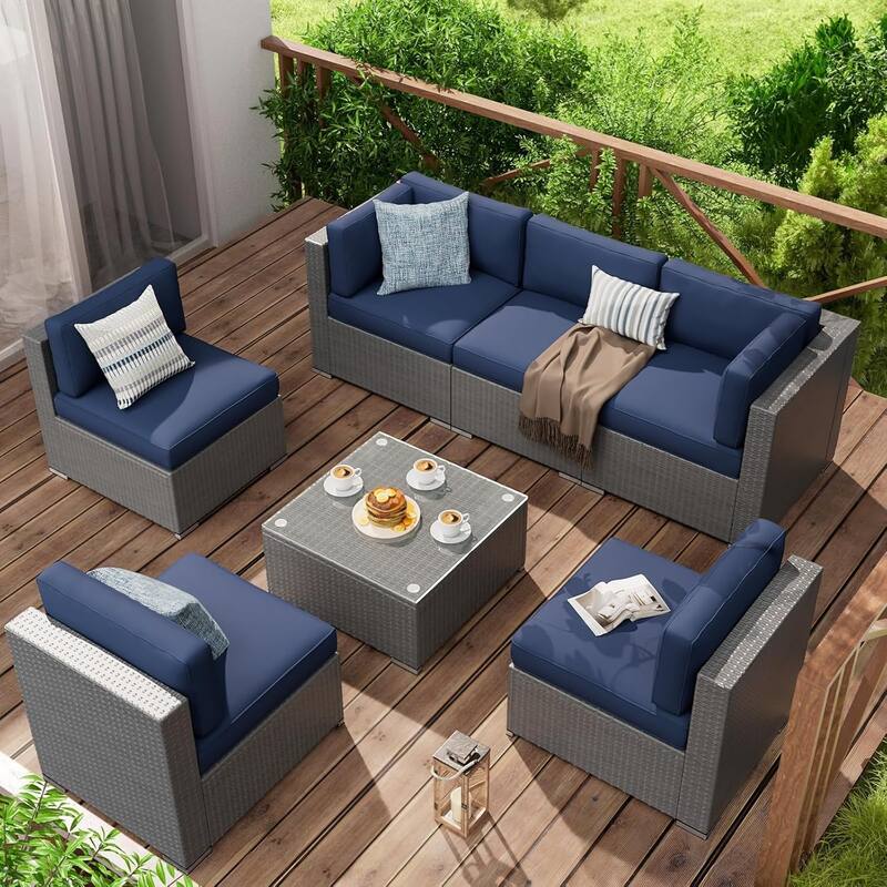 Polyester 14-Piece Outdoor Rattan Cushion Covers Set with Zipper - 25.6L x 25.6W x 3.9H inch - Navy Blue