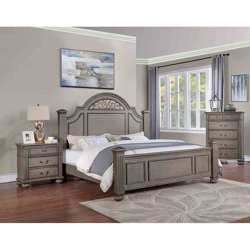 Formal Gray Finish 3pc Bedroom Set Bed Nightstand Chest