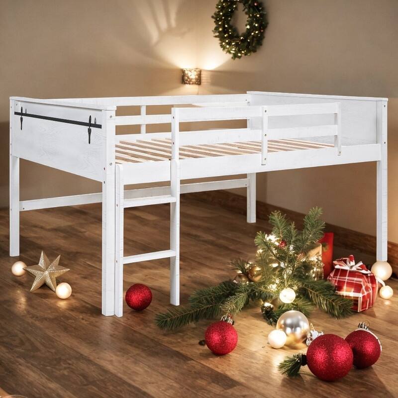 Kids Furniture Wood Full Size Kids Bed with Storage Space FullLength Guardrails Loft Bed with