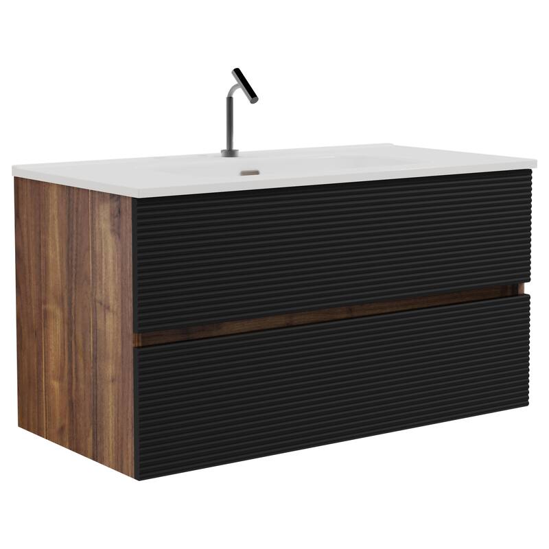 GDFStudio - Gloria Modern Wall-Mounted Floating Bathroom Vanity with Integrated Ceramic Basin & Soft-Close Drawers