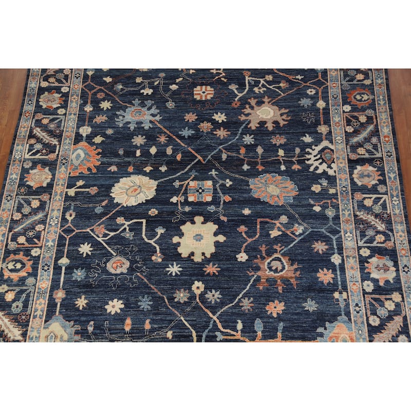 Hand Knotted Oriental 100% Wool Carpet Transitional All-Over Navy Blue & Blues Oushak Area Rug - 9' 9'' X 8' 2''