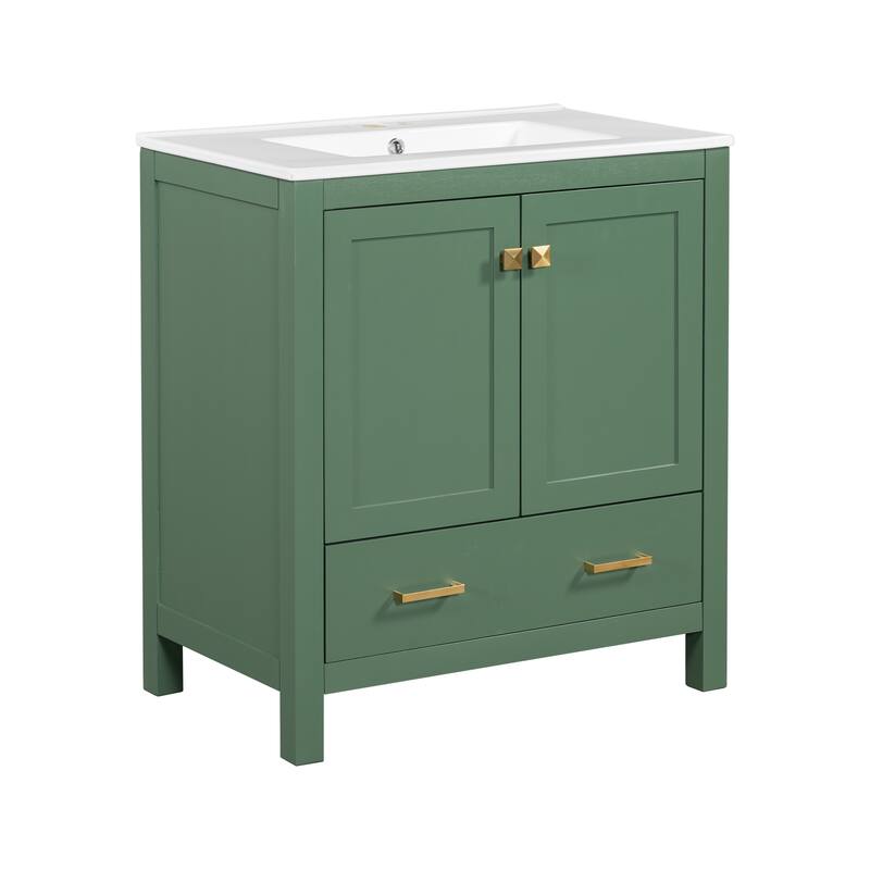 Roomfitters 30 Inch Bathroom Vanity with Single Ceramic Sink, Soft-Close Doors, Divided Drawer & Storage Cabinet, Green