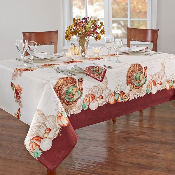 slide 2 of 5, Holiday Turkey Bordered Fall Tablecloth 52"x52" - Cream