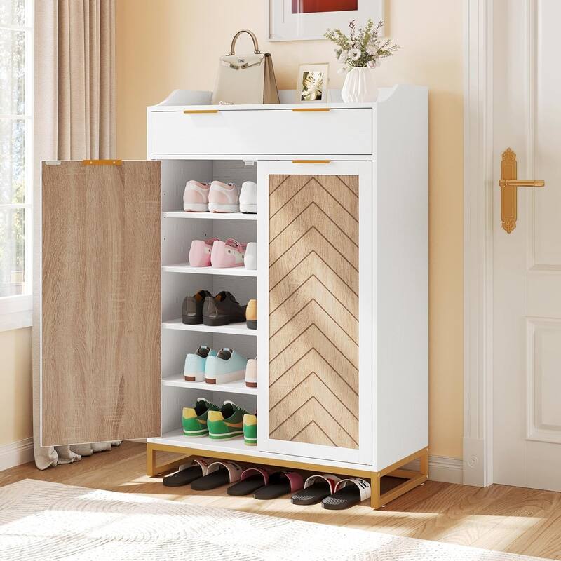 Moasis 20 Pair Shoe Storage Cabinet with Drawer and Doors for Entryway Hallway - White