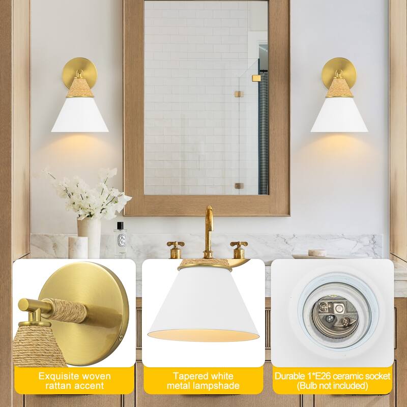 Wall Sconce with Milky Metal Cone Shade and Hand-Wrapped Jute Rope