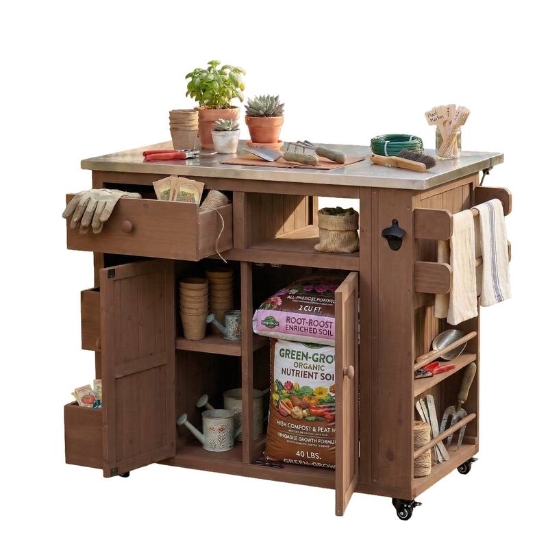 Outdoor Solid Wood Extendable Kitchen Island with Stainless Steel Top, Side Spice Rack, Drawers & Storage Cabinet
