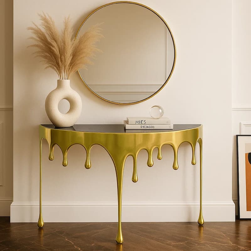 Capri Sofa Console Table, 36.25" Half Moon Glass Top Melting Drip Design Aluminum Cast Antique Gold - Gold, Black.