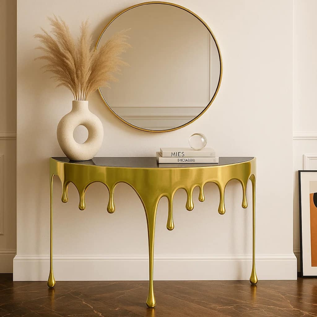 Capri Sofa Console Table, 36.25" Half Moon Glass Top Melting Drip Design Aluminum Cast Antique Gold
