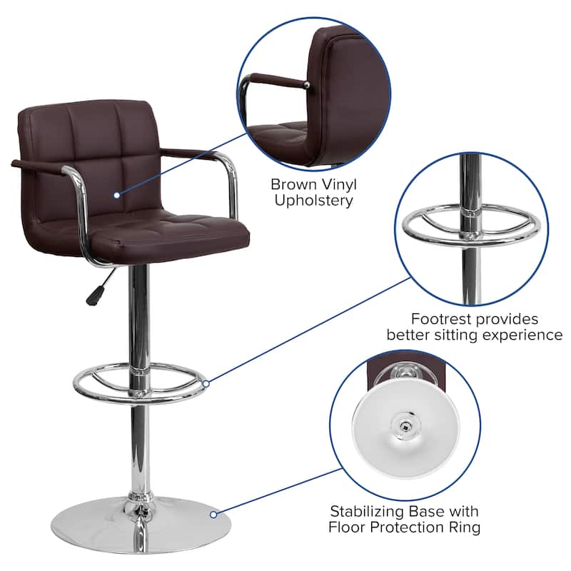 Quilted Vinyl Adjustable Height Barstool with Arms and Chrome Base - 20"W x 18"D x 36.75" - 45.25"H