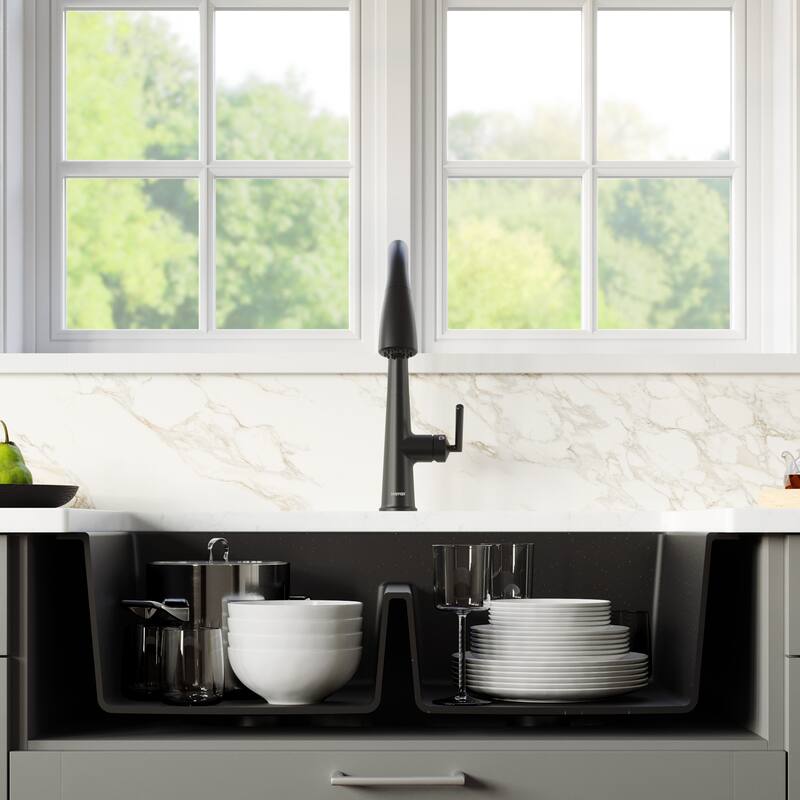 Karran Retrofit Farmhouse Quartz 34 in. Double Bowl 50/50 Sink Kit