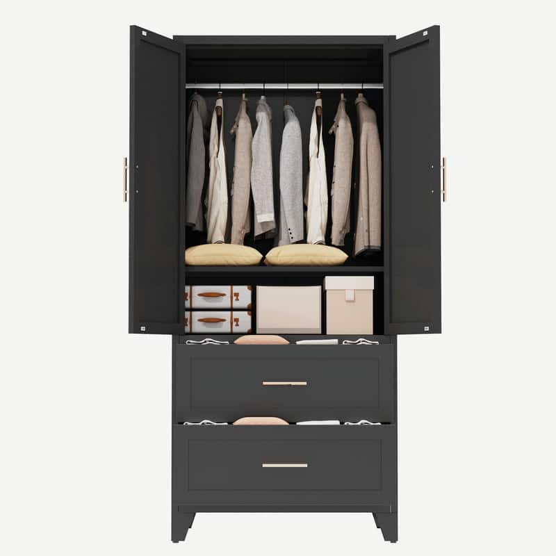 71" Tall Metal Wardrobe Cabinet with 2 Drawers, Hanging Rod, and 2 Doors, Wardrobe Closet with Shelf