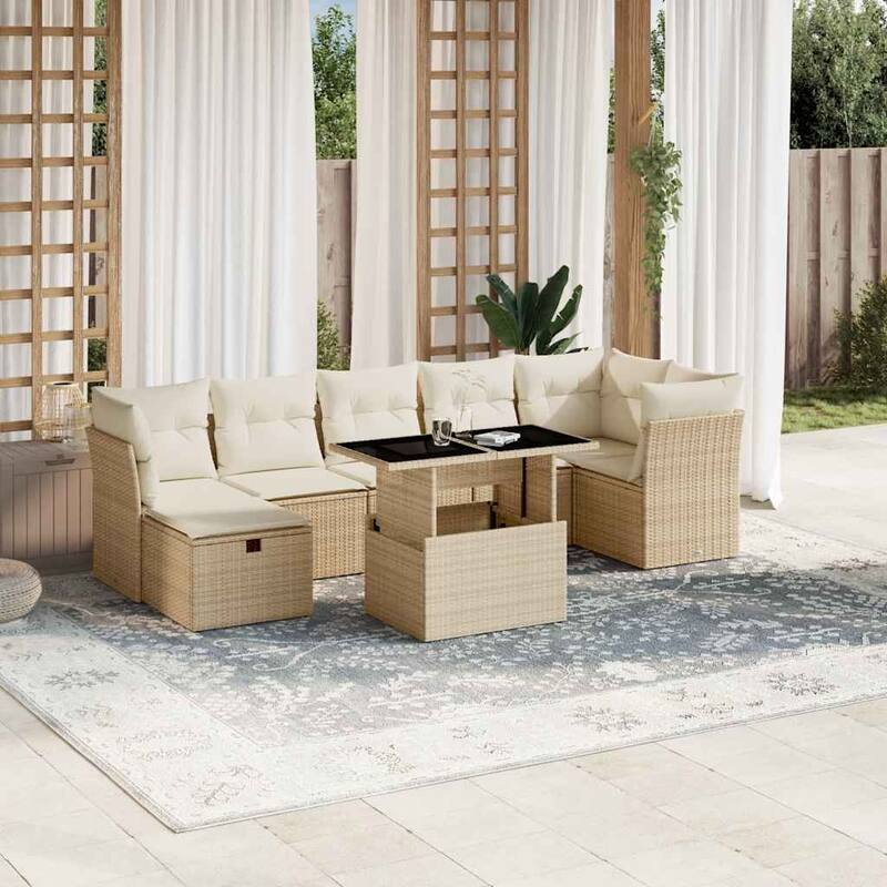vidaXL Patio Sofa Set with Cushions Outdoor Furniture 8 Piece Poly Rattan - 21.7 x 39.4 x 28.7 in - Beige and cream