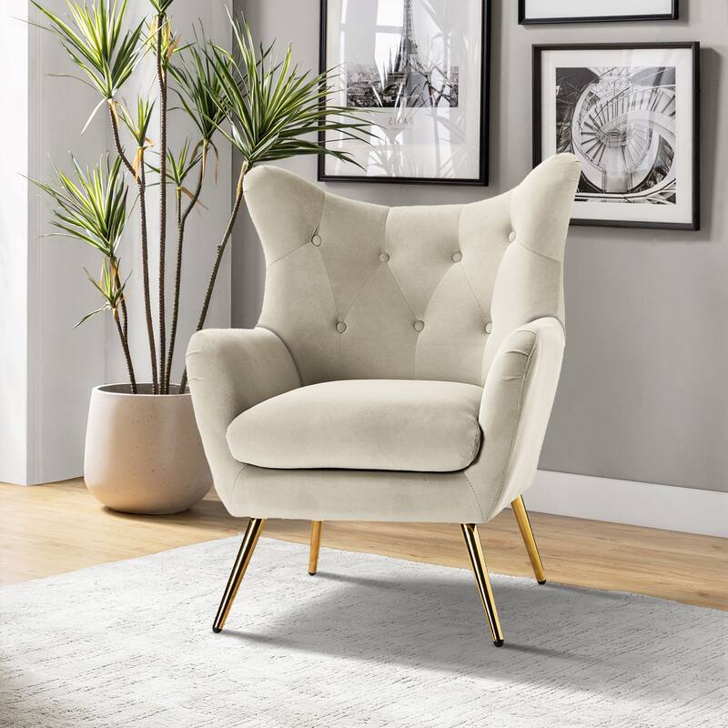 Eusebio Tufted Velvet Accent Chair with Wingback, Arms, and Metal Gold Legs for Living Room or Bedroom by HULALA HOME - TAN