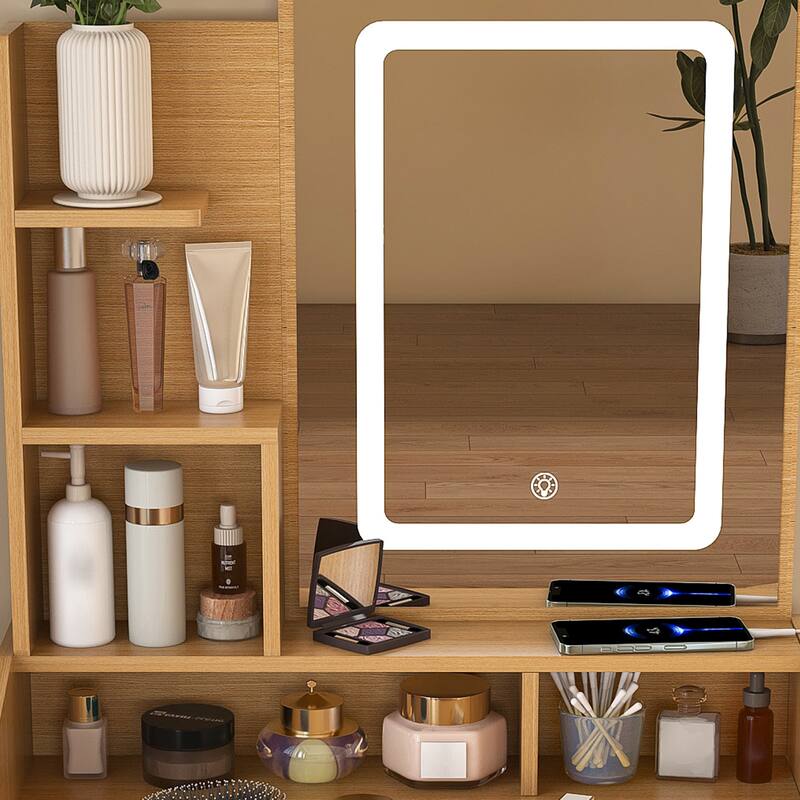 Small Vanity Table with LED Mirror, Compact Makeup Vanity Desk Dressing Table with Power Outlet, Hairdryer Holder & Stool