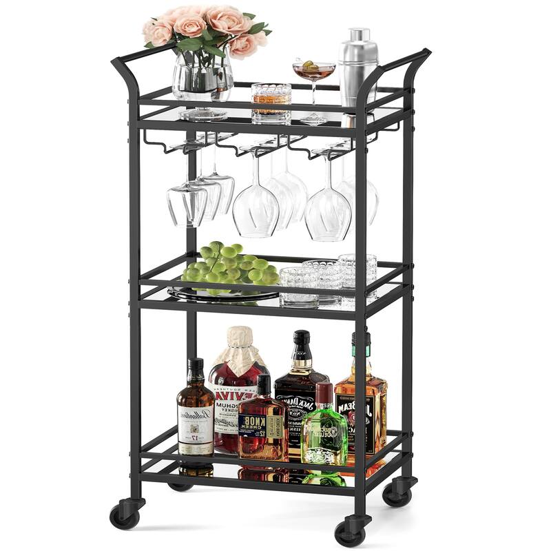Mini Home Bar Cart with 3-Tier Shelf Wine Holders, and Glass Holders - Ink Black