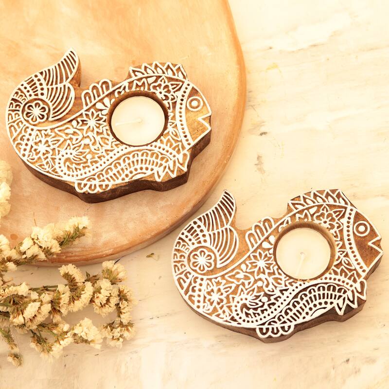 Novica Handmade Finned Friends Wood Tealight Candle Holders (Pair)
